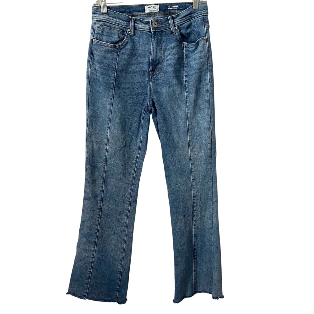 Kensie Jeans Savannah High‎ Rise Flare Medium Wash Front Seam Raw Hem Size 6/28